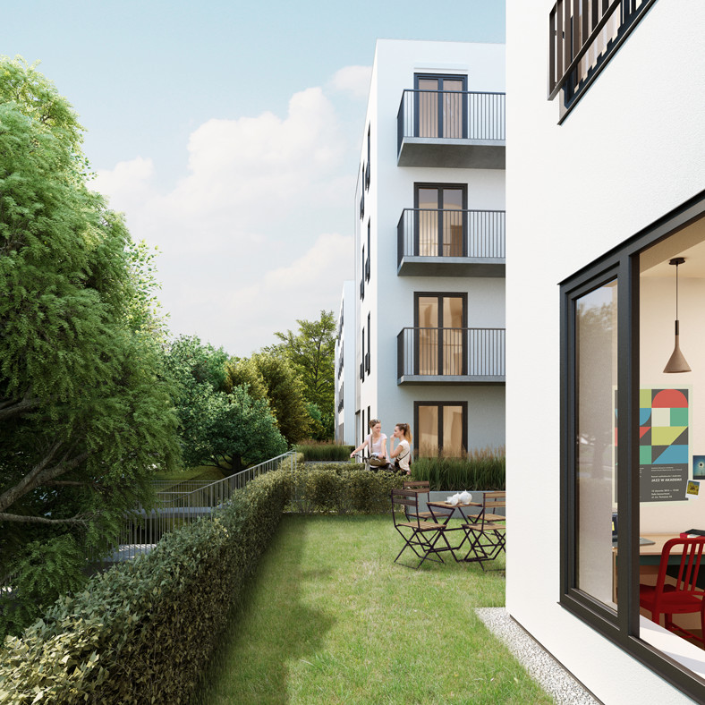 Render pokazujący duzy balkon wychodzący na deptak osiedlowy prowadzacy między drzewami