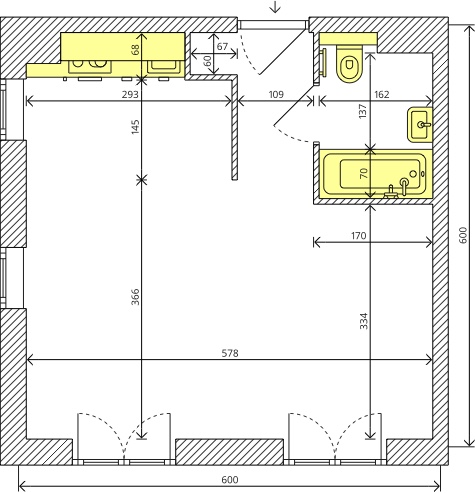 Wymiary M-2 i pomieszczeń podane w centymetrach